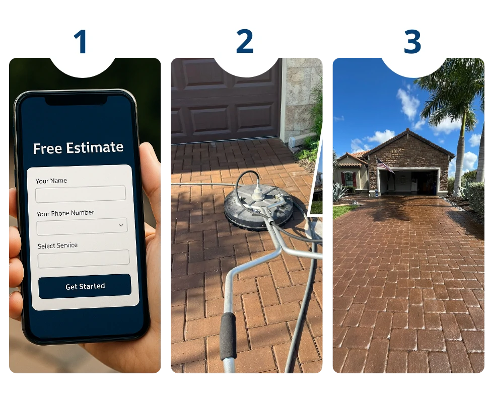 Three-step process for Sarasota pressure washing: request estimate via mobile, technician power washing paver driveway, finished clean brick driveway.